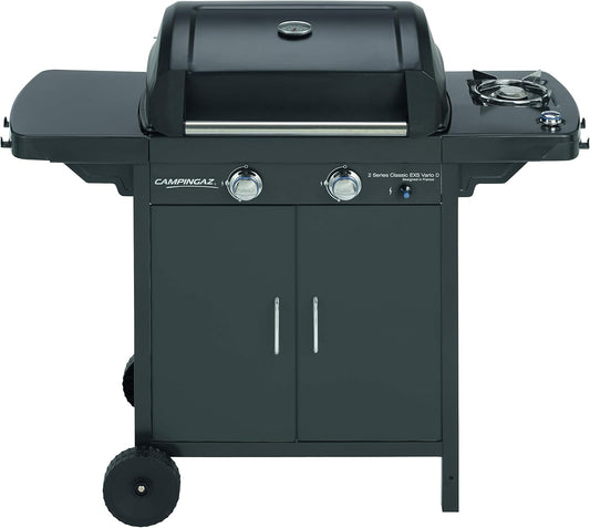 Campingaz 2er Serie D Gasgrill Serie 2 Classic EXS Vario mit 2 Brennern, Leistung 7,5 kW &amp; Kit, Schlauch, Klemmen für Kartuschen, Befestigung Italien, Gasdruckregler, Grillzubehör 