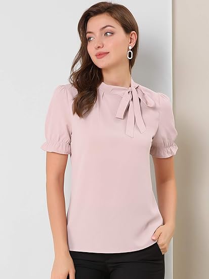 Damen Bluse mit Fliege und Ausschnitt, elegant, kurzärmelig, fürs Büro 