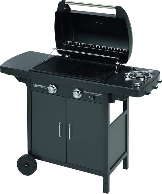 Campingaz 2er Serie D Gasgrill Serie 2 Classic EXS Vario mit 2 Brennern, Leistung 7,5 kW &amp; Kit, Schlauch, Klemmen für Kartuschen, Befestigung Italien, Gasdruckregler, Grillzubehör 
