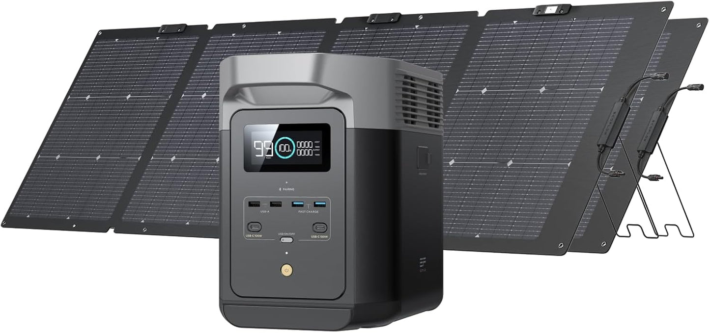 EF ECOFLOW Solar Generator DELTA 2 with 2x220W Portable Solar Panels. 1024Wh LFP Battery. Fast Charging. Portable Power Station for Home Backup Power. Camping & RVs